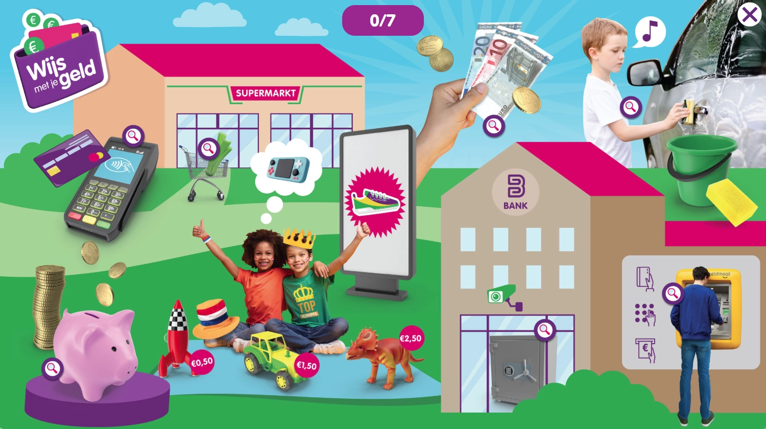 Illustraties van verschillende onderdelen die met geld te maken hebben. Je ziet een bank, spaarpot, pinautomaat, kleedjesmarkt, heitje voor karweitje en geldautomaat.